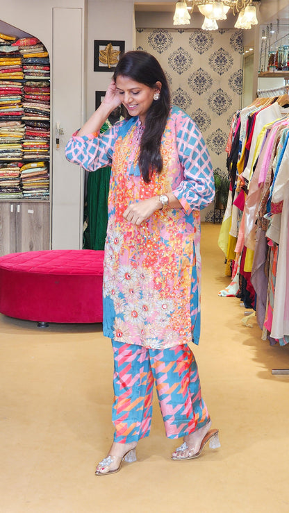 Turquoise Orange Floral Printed Co Ord Set