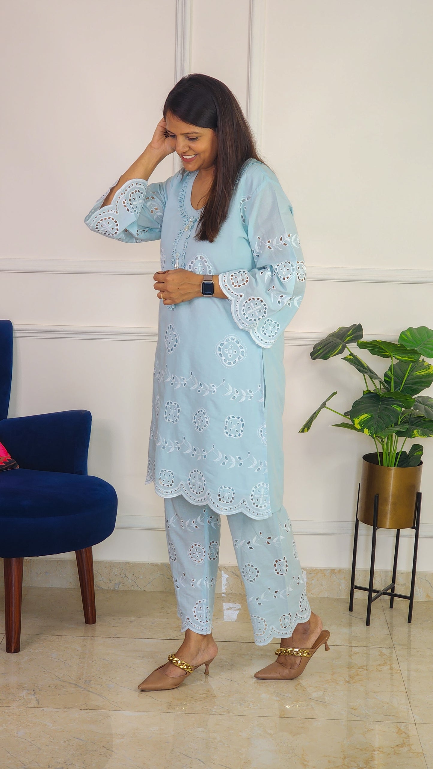 Sky Blue Schiffli Kurta Set