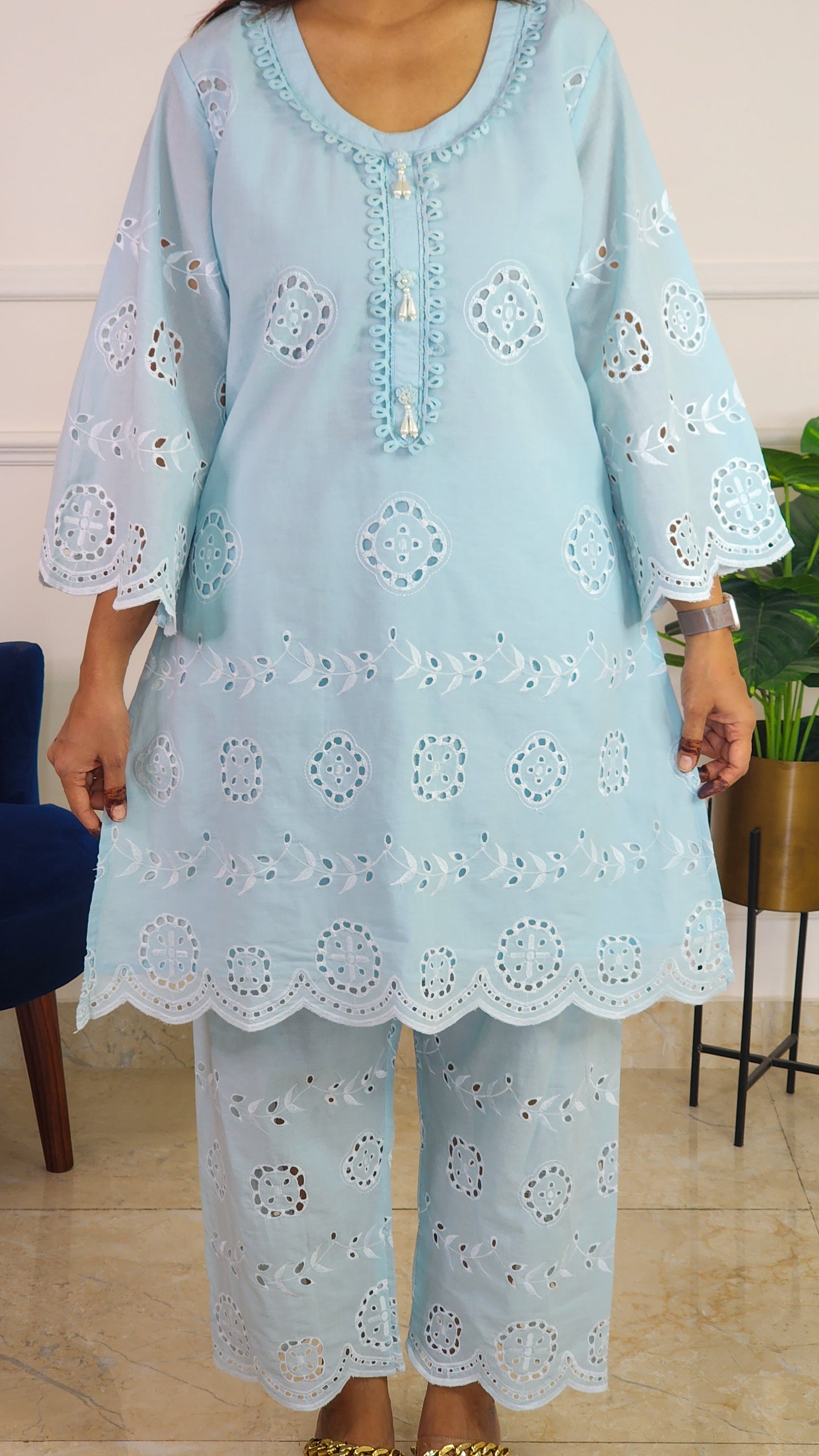 Sky Blue Schiffli Kurta Set