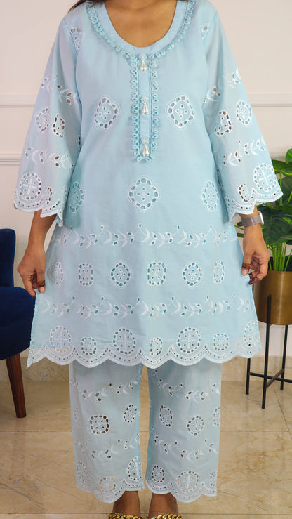 Sky Blue Schiffli Kurta Set