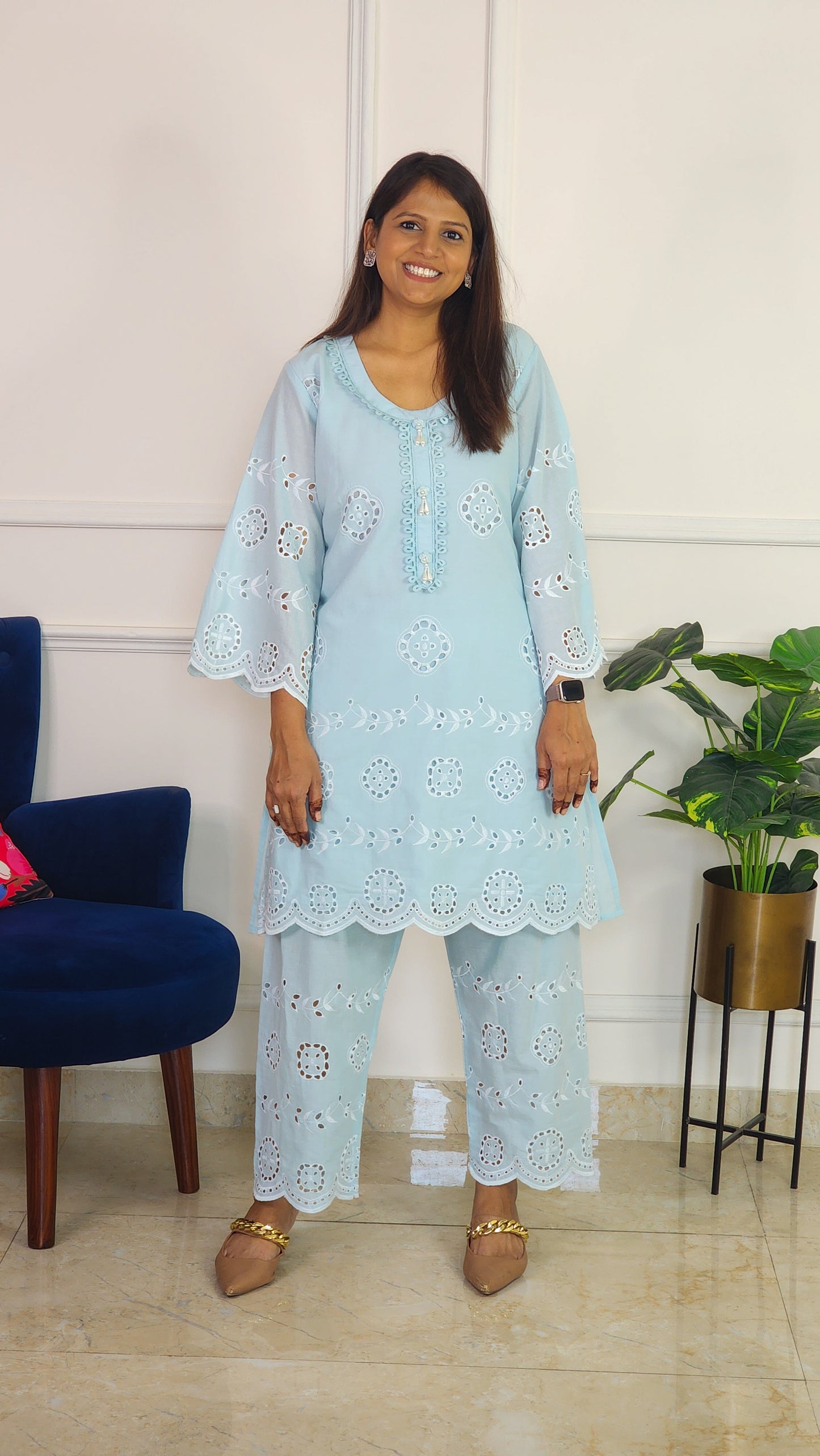 Sky Blue Schiffli Kurta Set