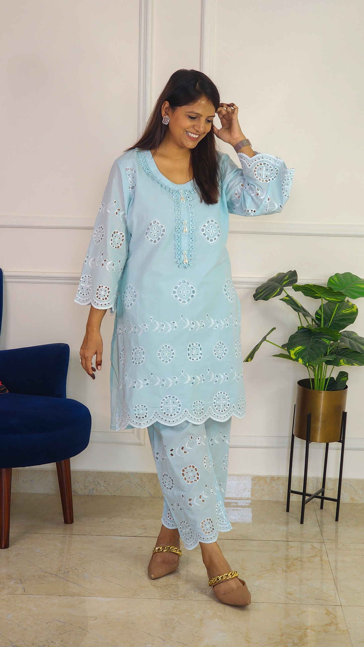 Sky Blue Schiffli Kurta Set