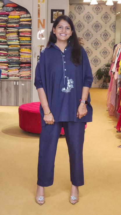 Blue Embroidered Kaftan Fit Co Ord Set - View 4 - PinkTree by Shrutika