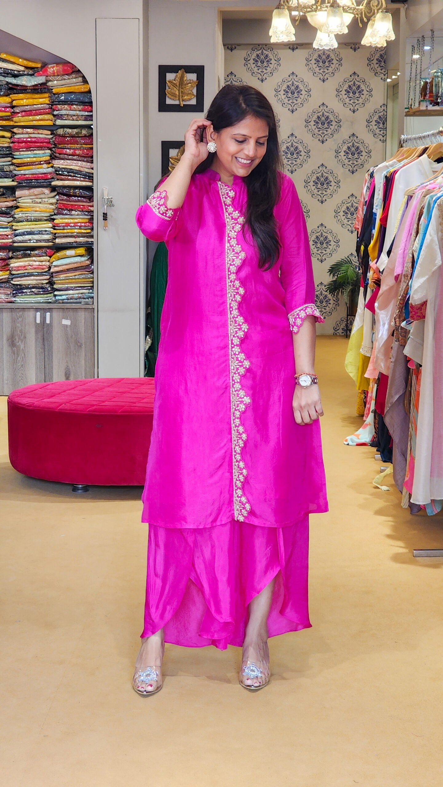 Hot Pink Zardosi Scalap Plazzo Set