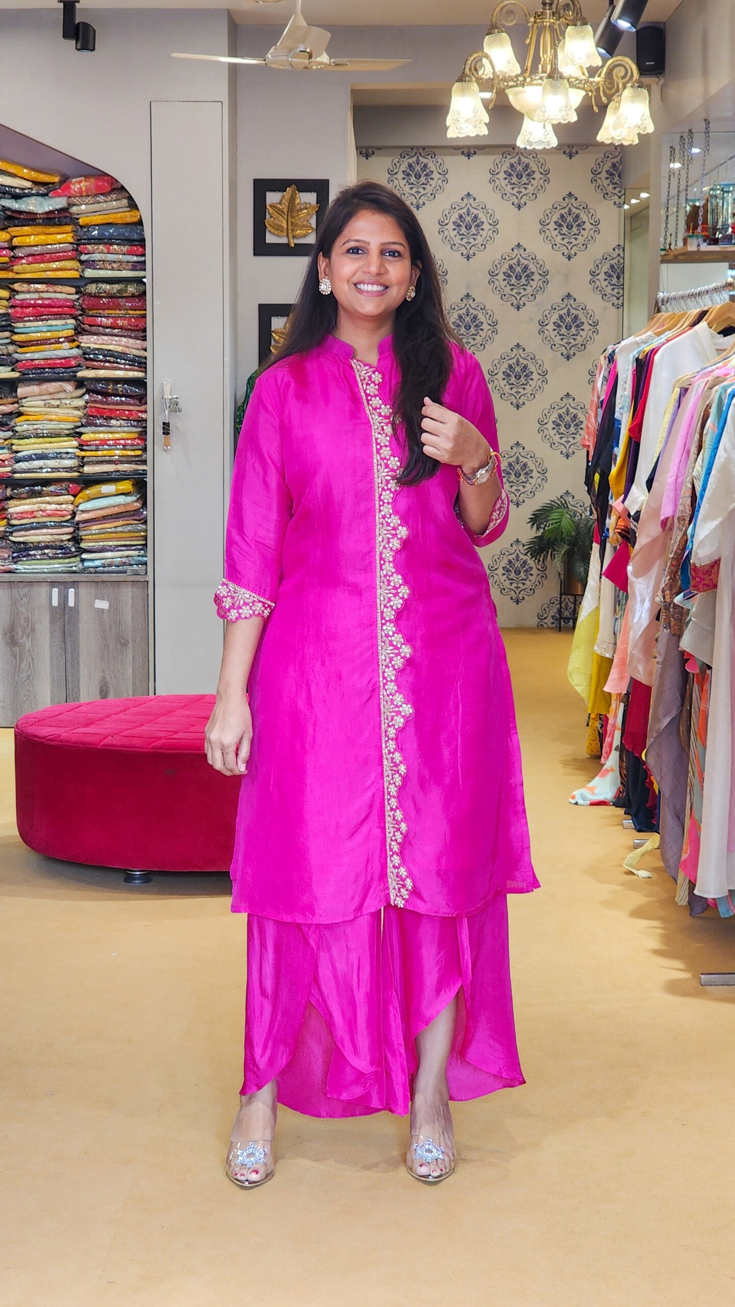 Hot Pink Zardosi Scalap Plazzo Set