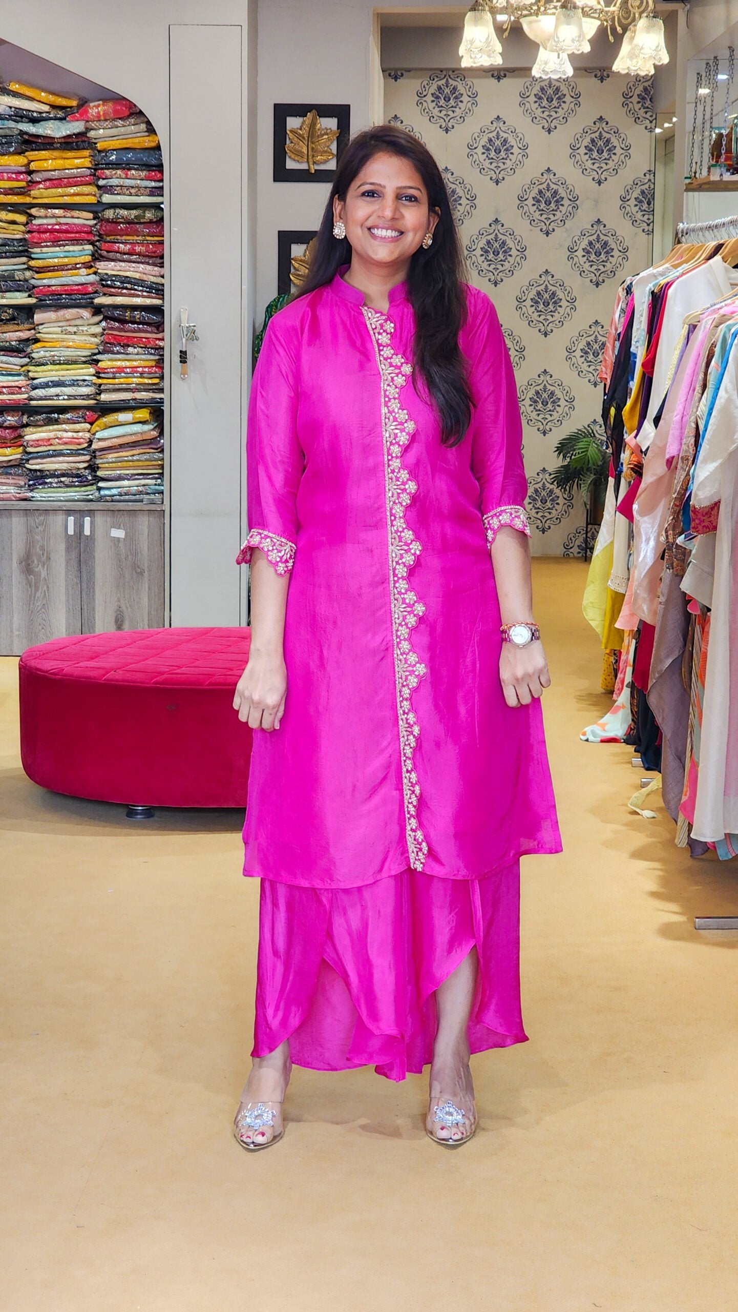 Hot Pink Zardosi Scalap Plazzo Set