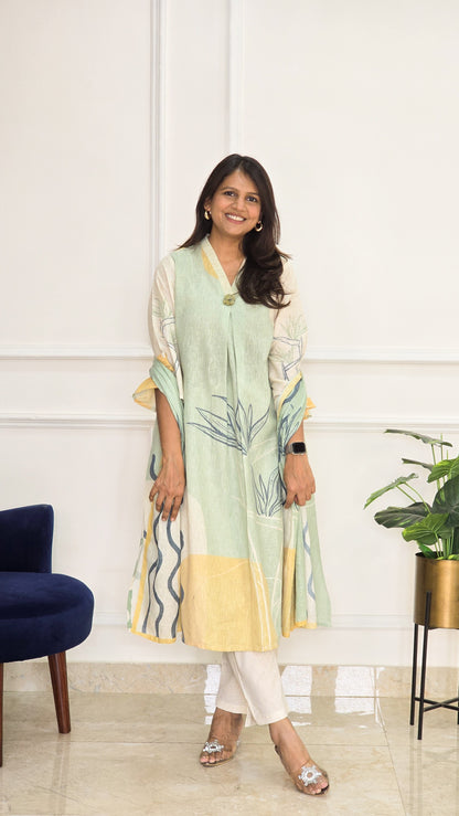 Green Linen Floral Suit Set