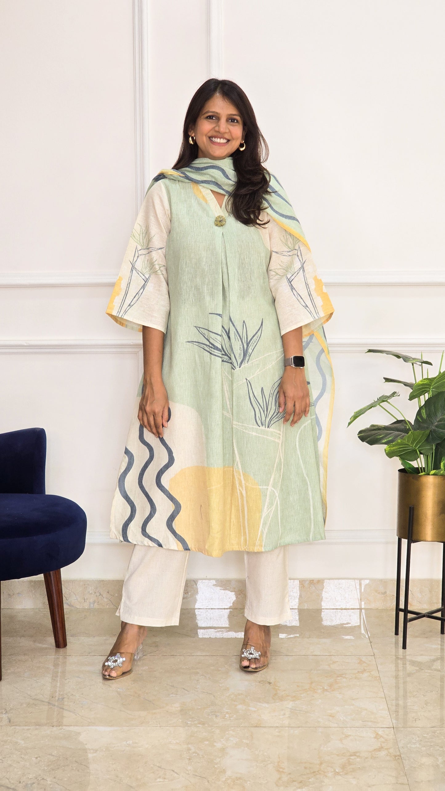 Green Linen Floral Suit Set
