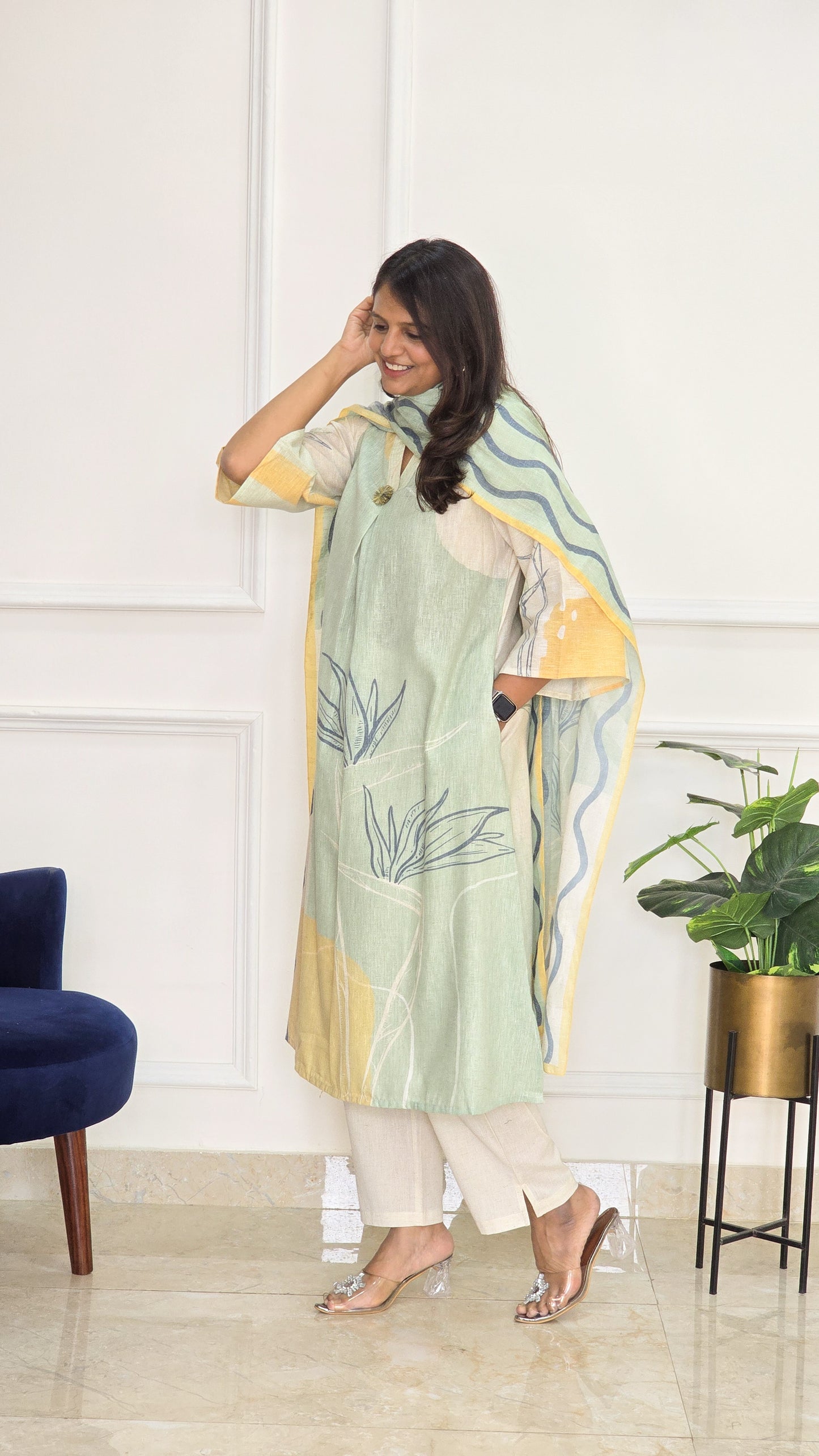 Green Linen Floral Suit Set