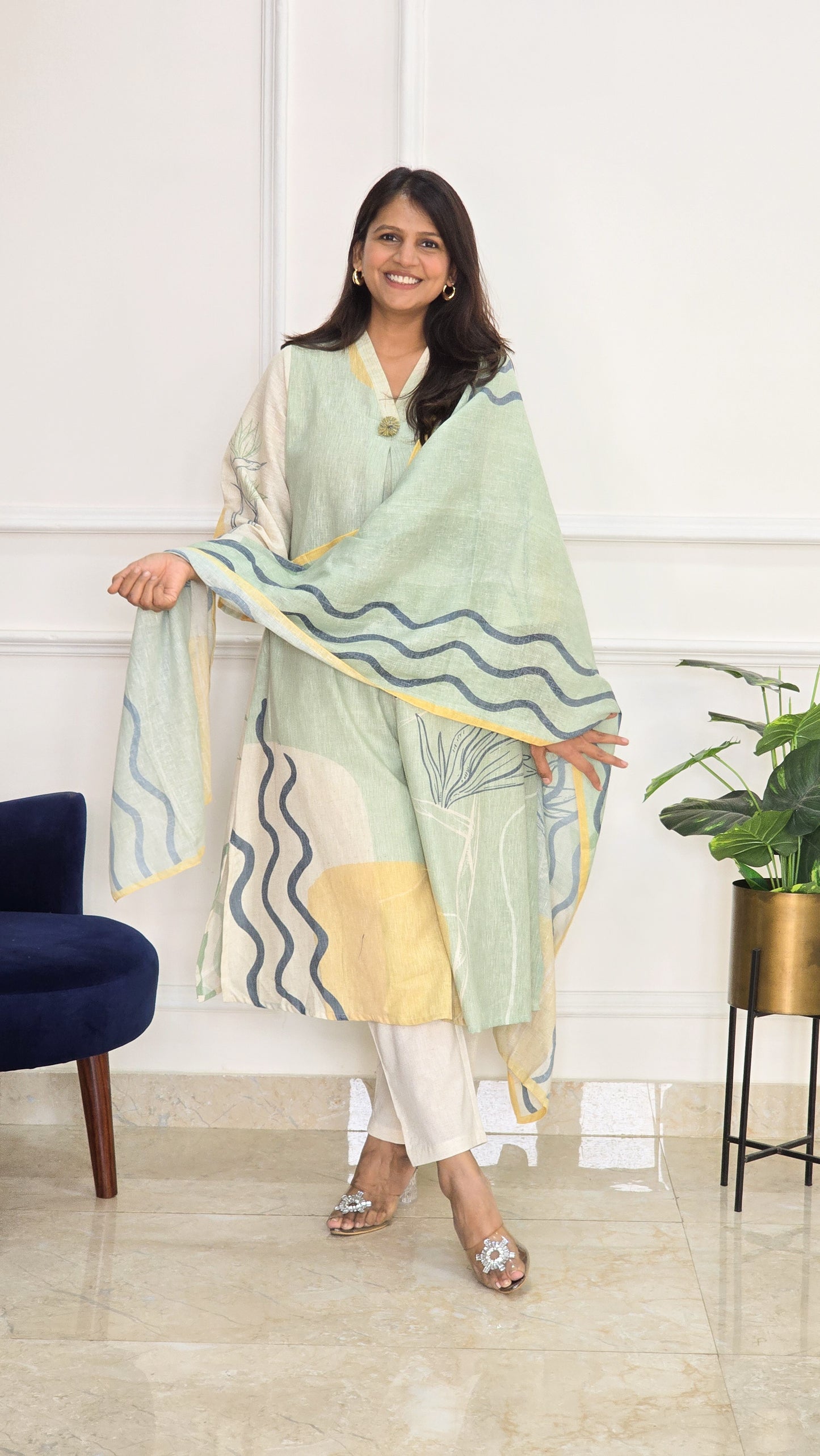 Green Linen Floral Suit Set