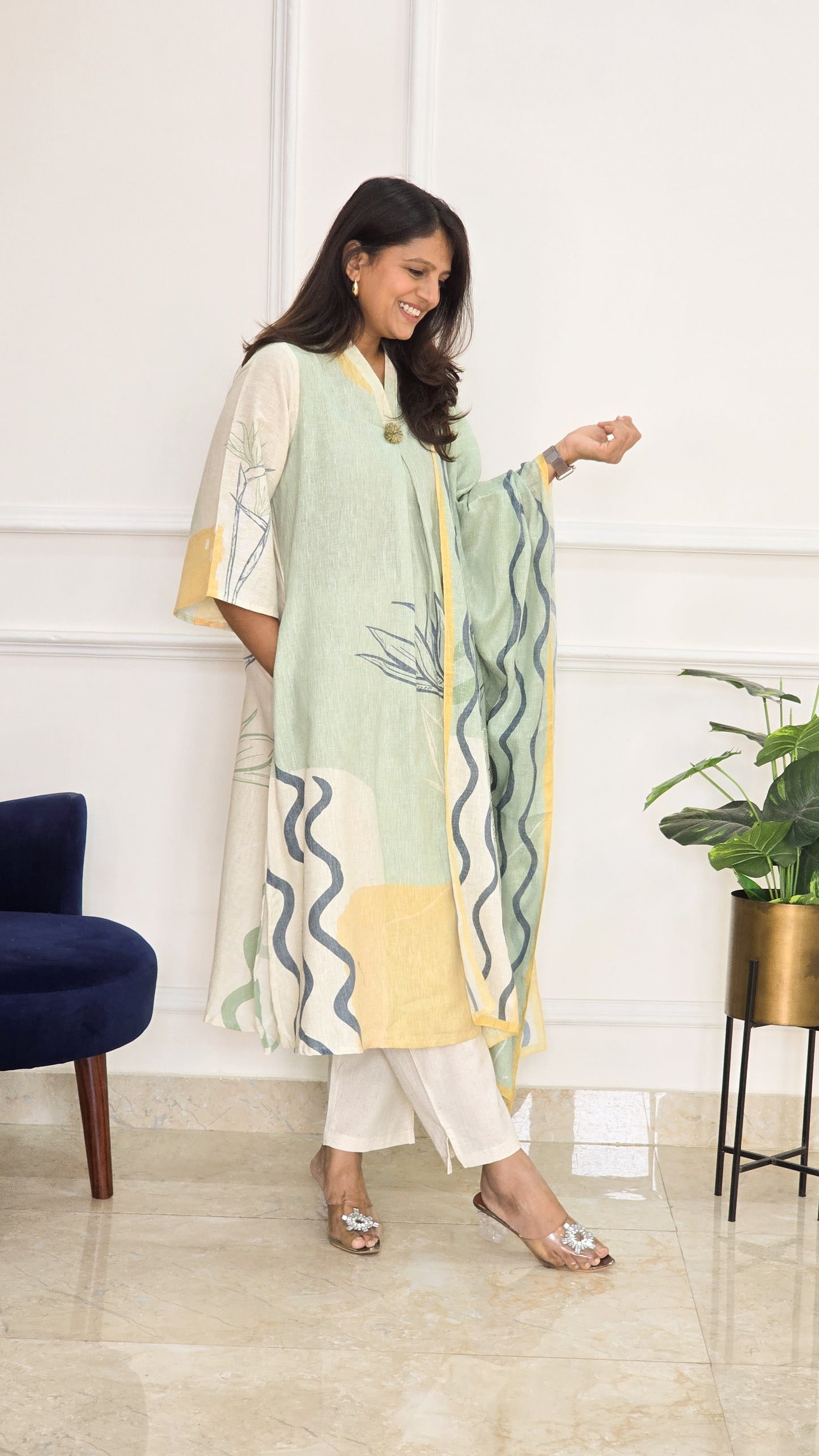 Green Linen Floral Suit Set