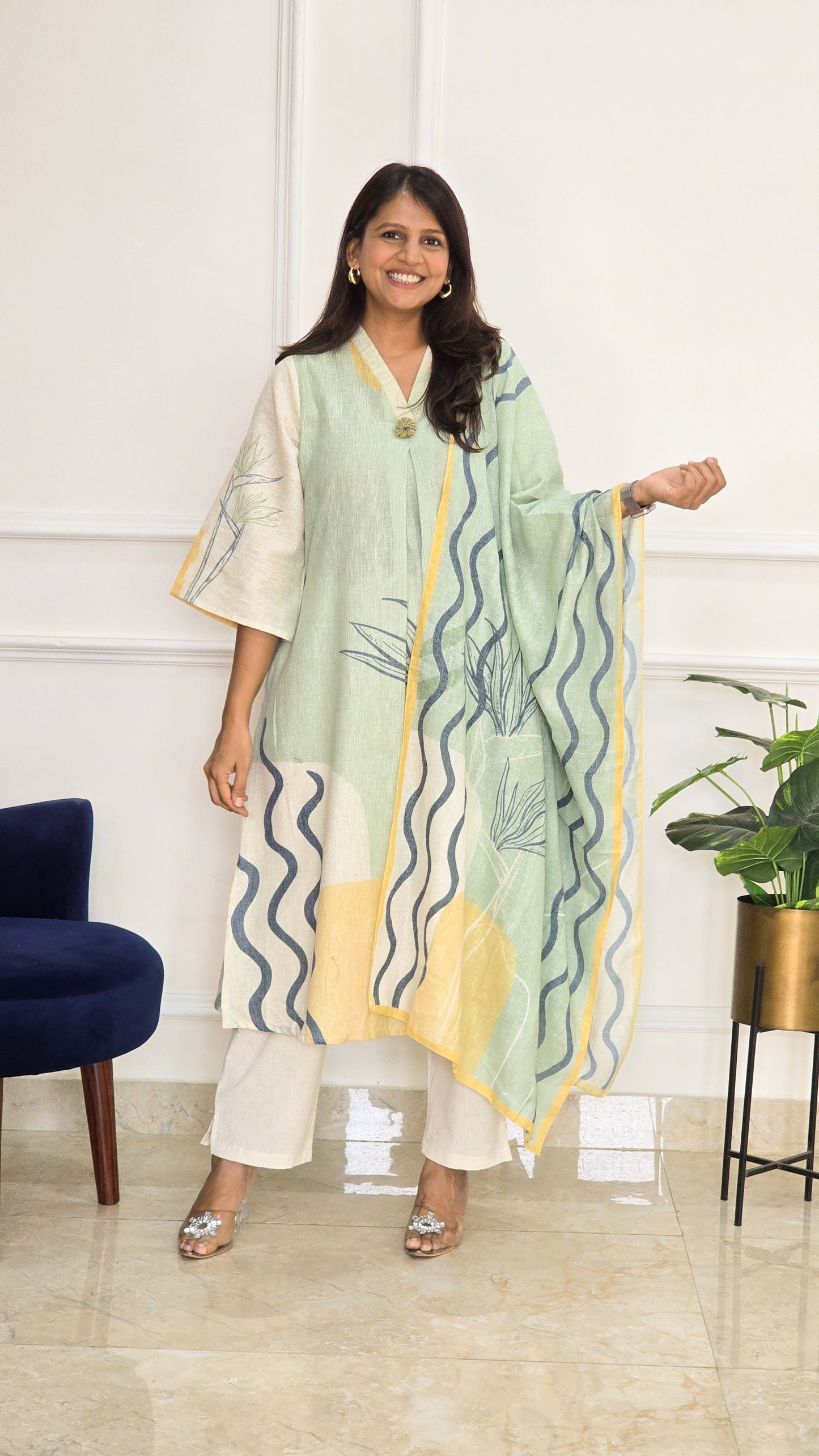 Green Linen Floral Suit Set