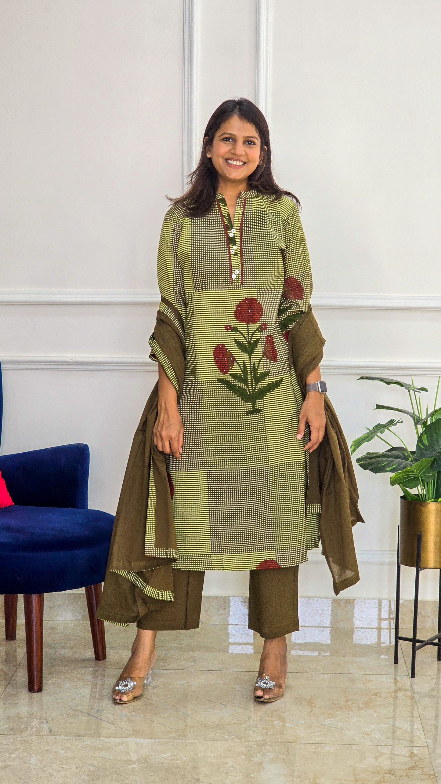 Brown Ghingam Kurta Set