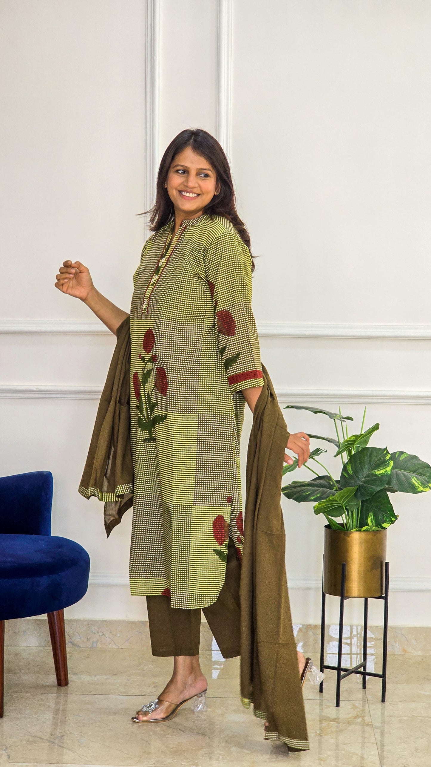 Brown Ghingam Kurta Set