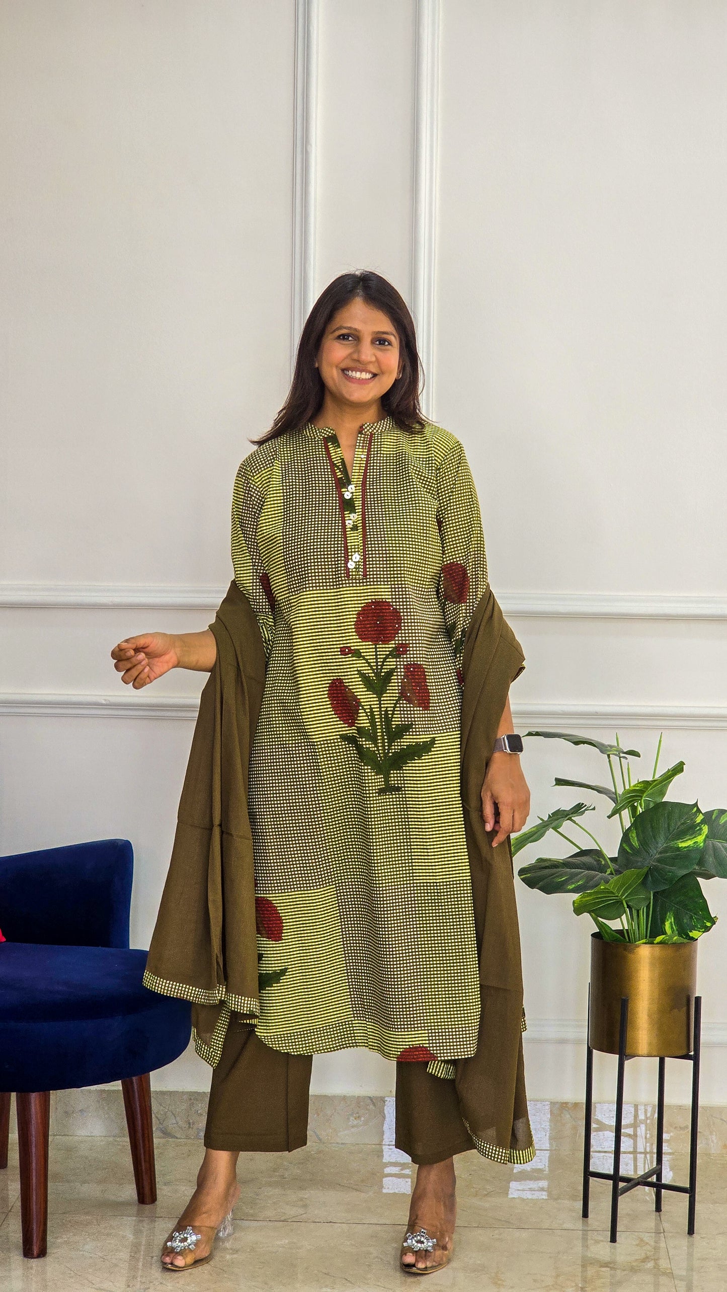 Brown Ghingam Kurta Set
