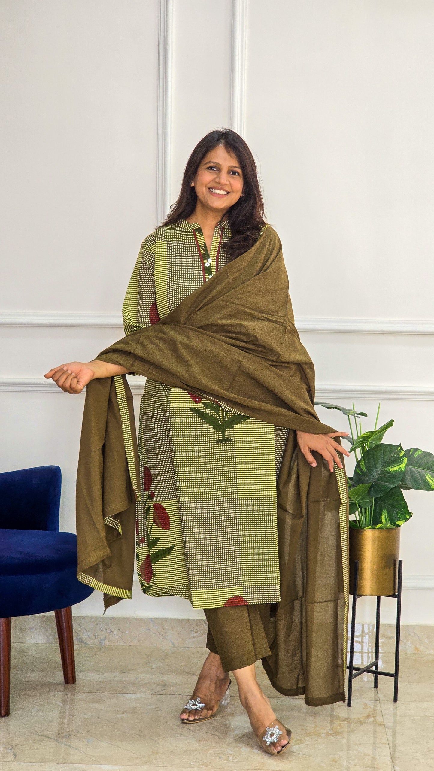 Brown Ghingam Kurta Set
