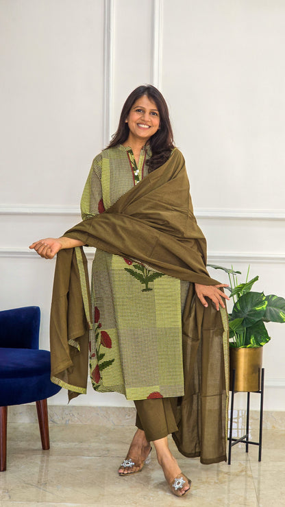 Brown Ghingam Kurta Set