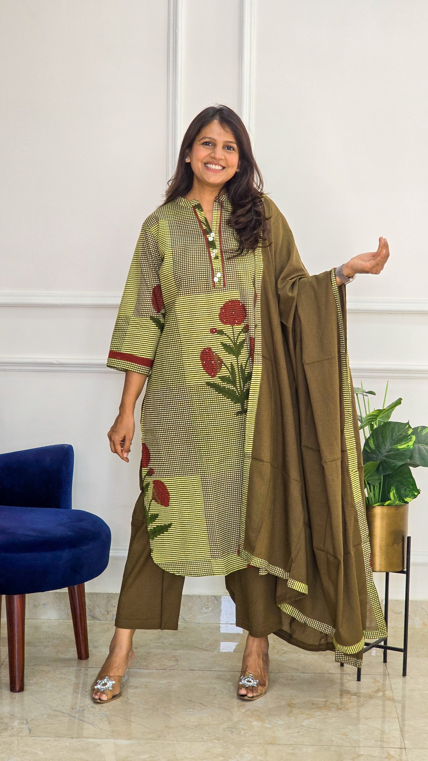 Brown Ghingam Kurta Set