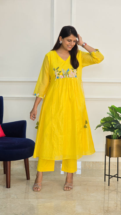 Yellow Garden Mul Chanderi Kurta Set