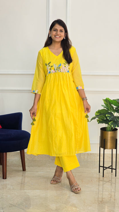 Yellow Garden Mul Chanderi Kurta Set