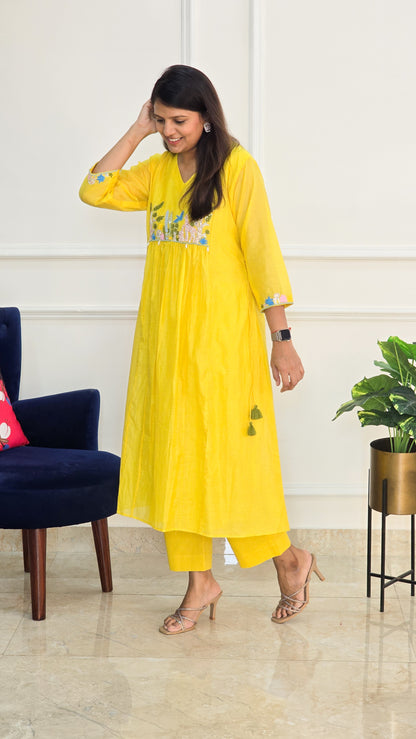 Yellow Garden Mul Chanderi Kurta Set