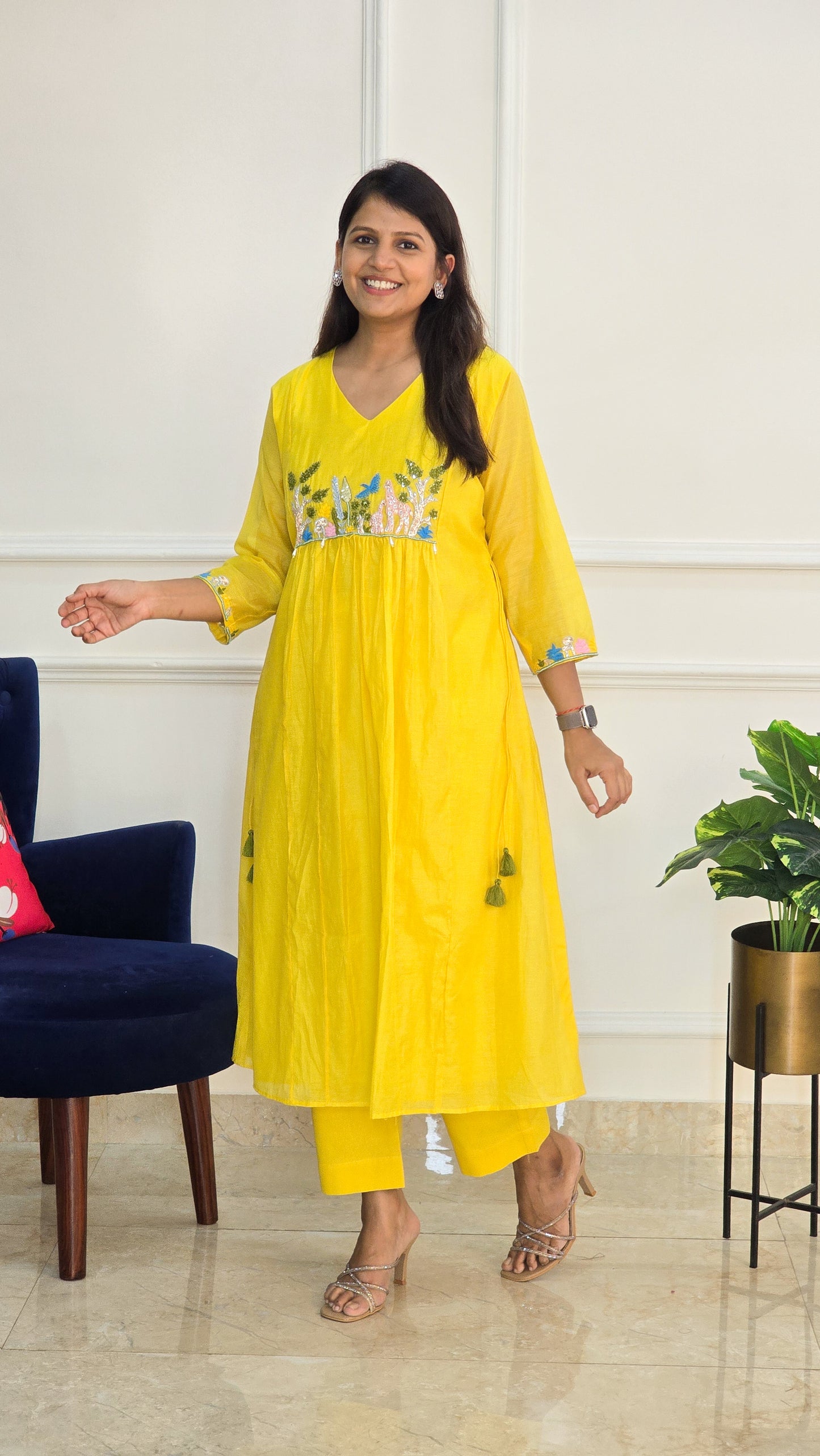 Yellow Garden Mul Chanderi Kurta Set
