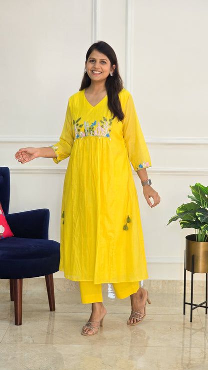 Yellow Garden Mul Chanderi Kurta Set
