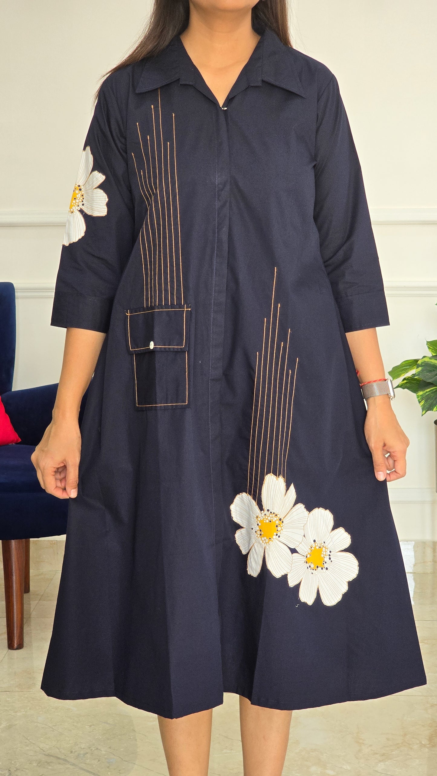 Navy Blue Daisy Cotton Tunic