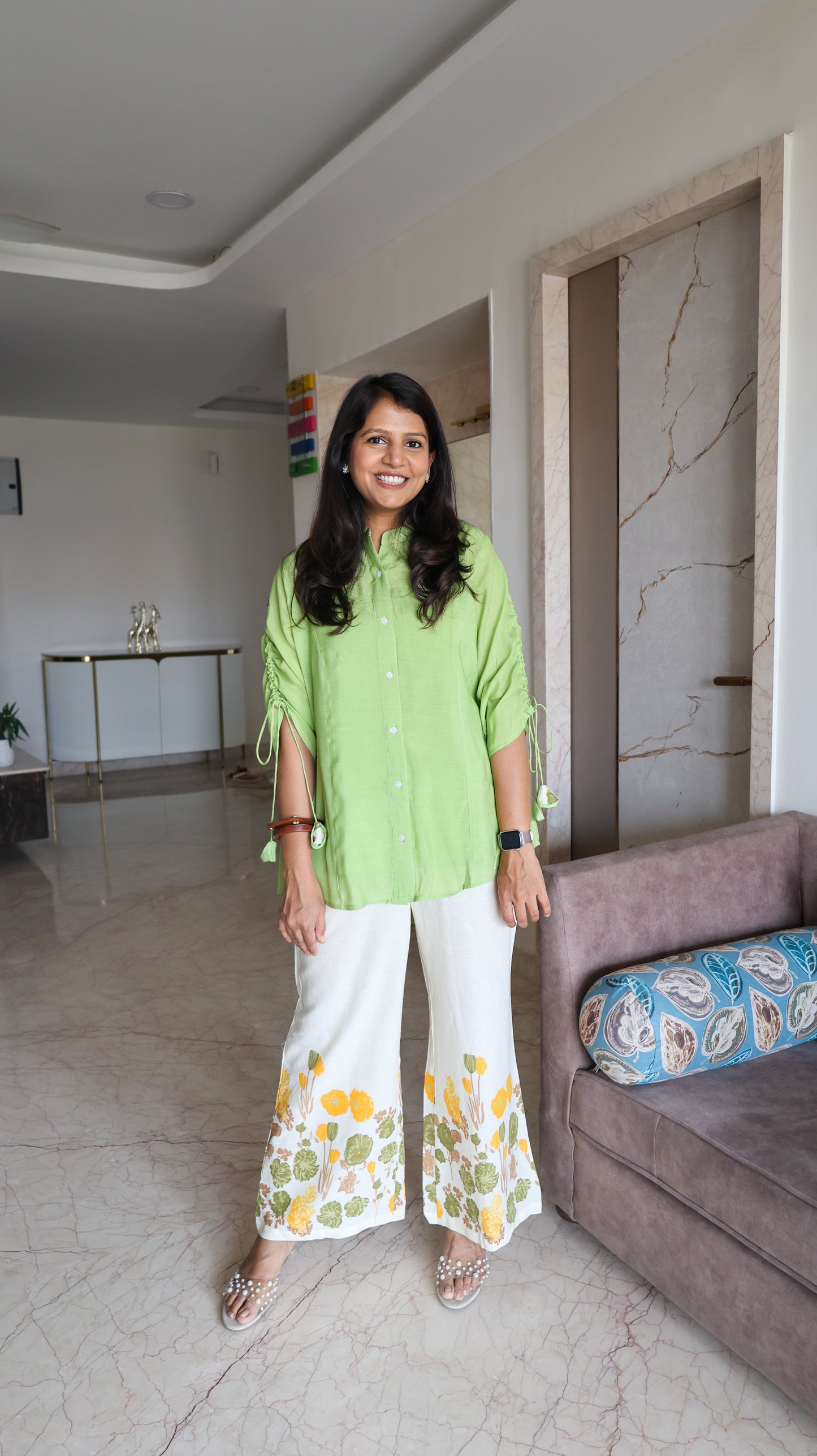 Green Solid Top With Printed Pants