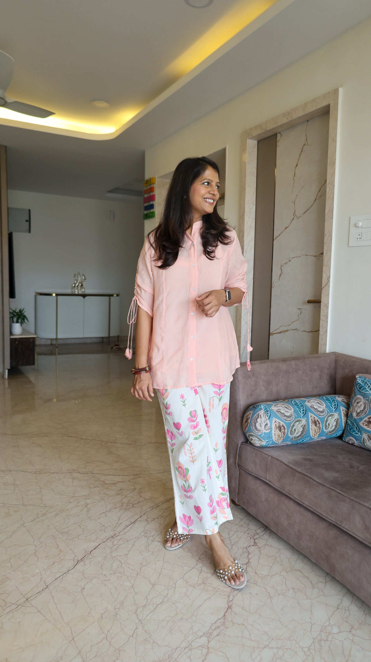 Pink Solid Top With Printed Pants