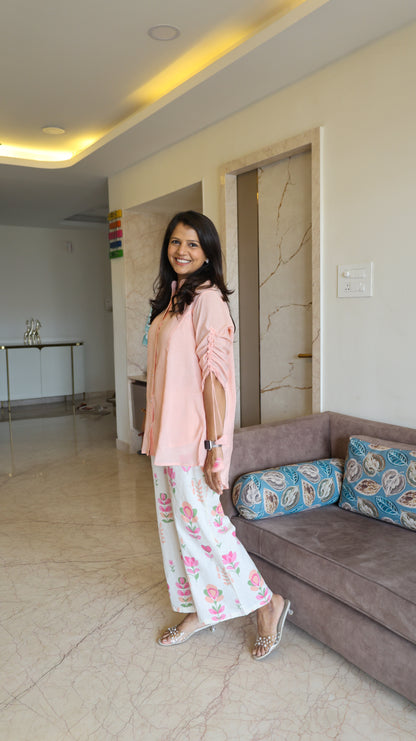 Pink Solid Top With Printed Pants