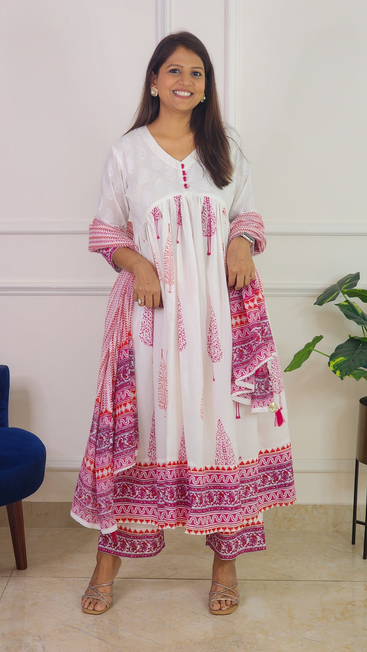 Pink and White Flare kurta Set