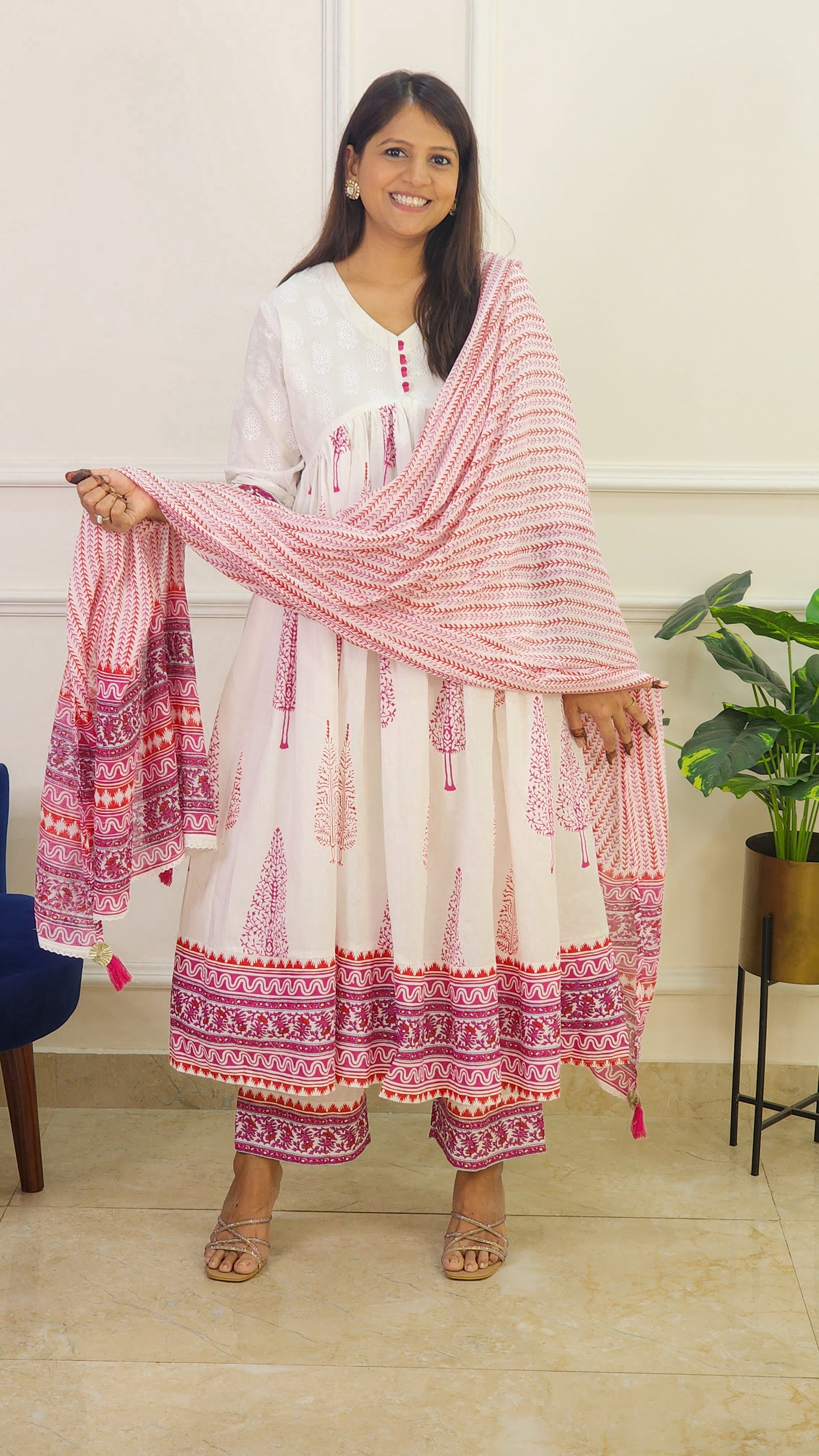 Pink and White Flare kurta Set