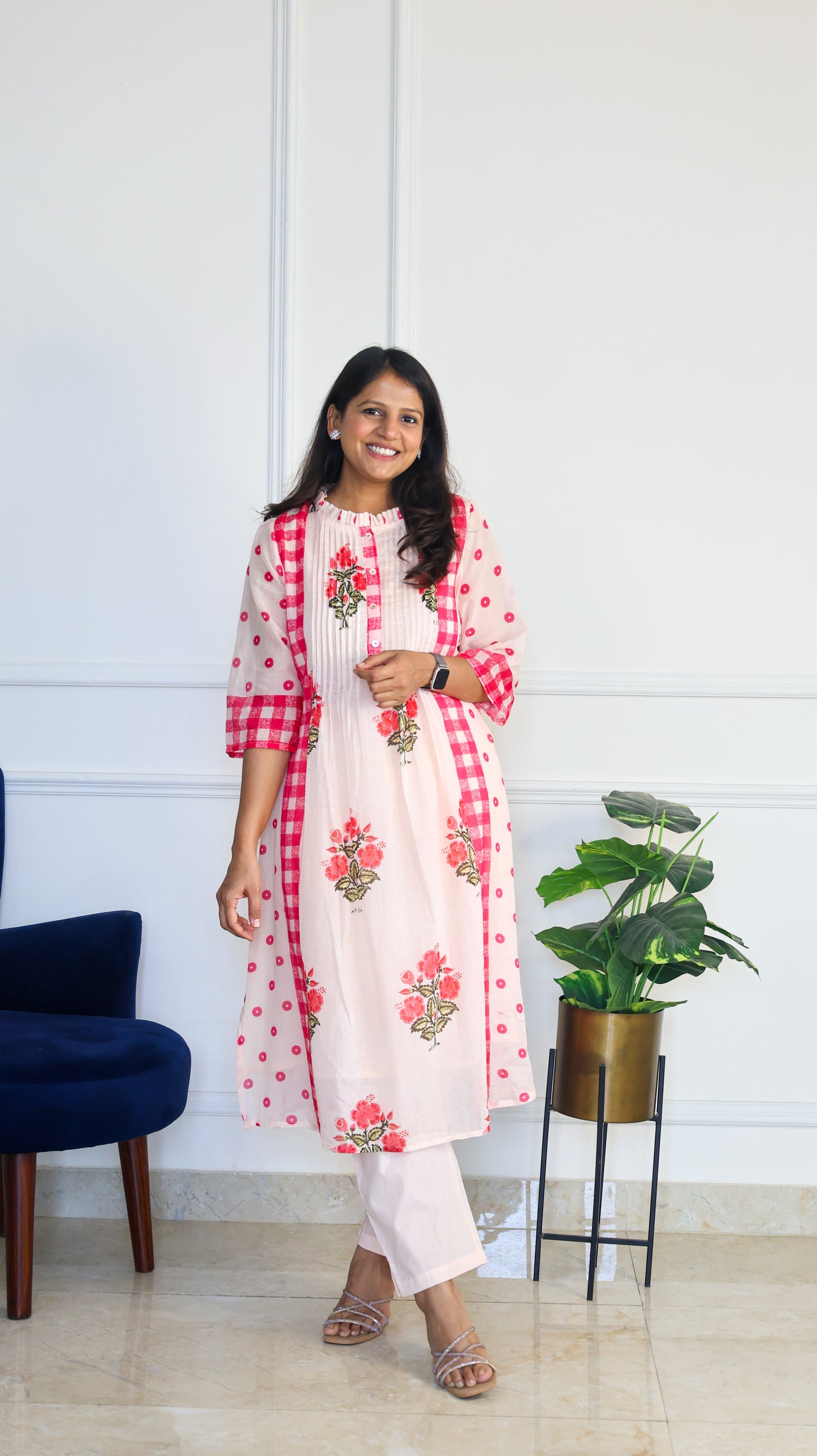 Pink Chequered Kurta Set