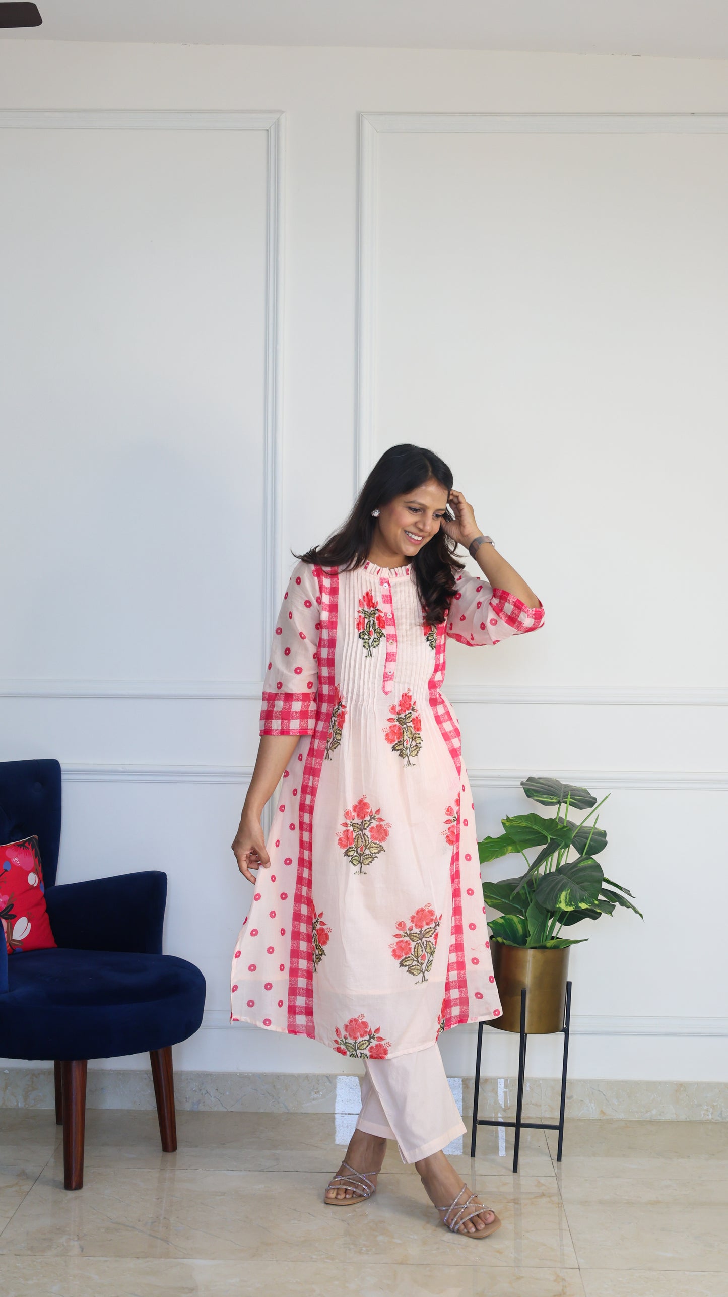 Pink Chequered Kurta Set