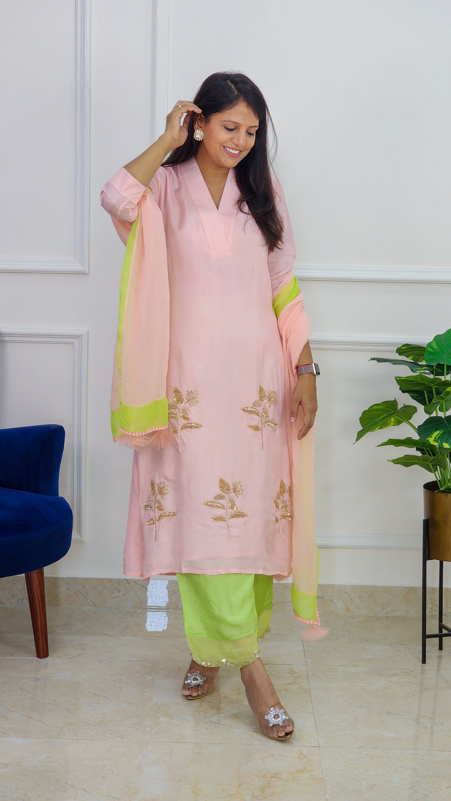 Peach Suit Set With Organza Duppata