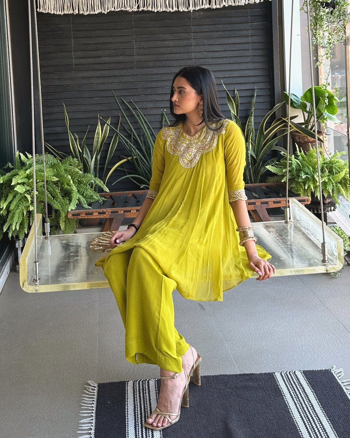 Tyohar ~ Mehendi Green Kali Top with Zardosi Work and Pallazo Set