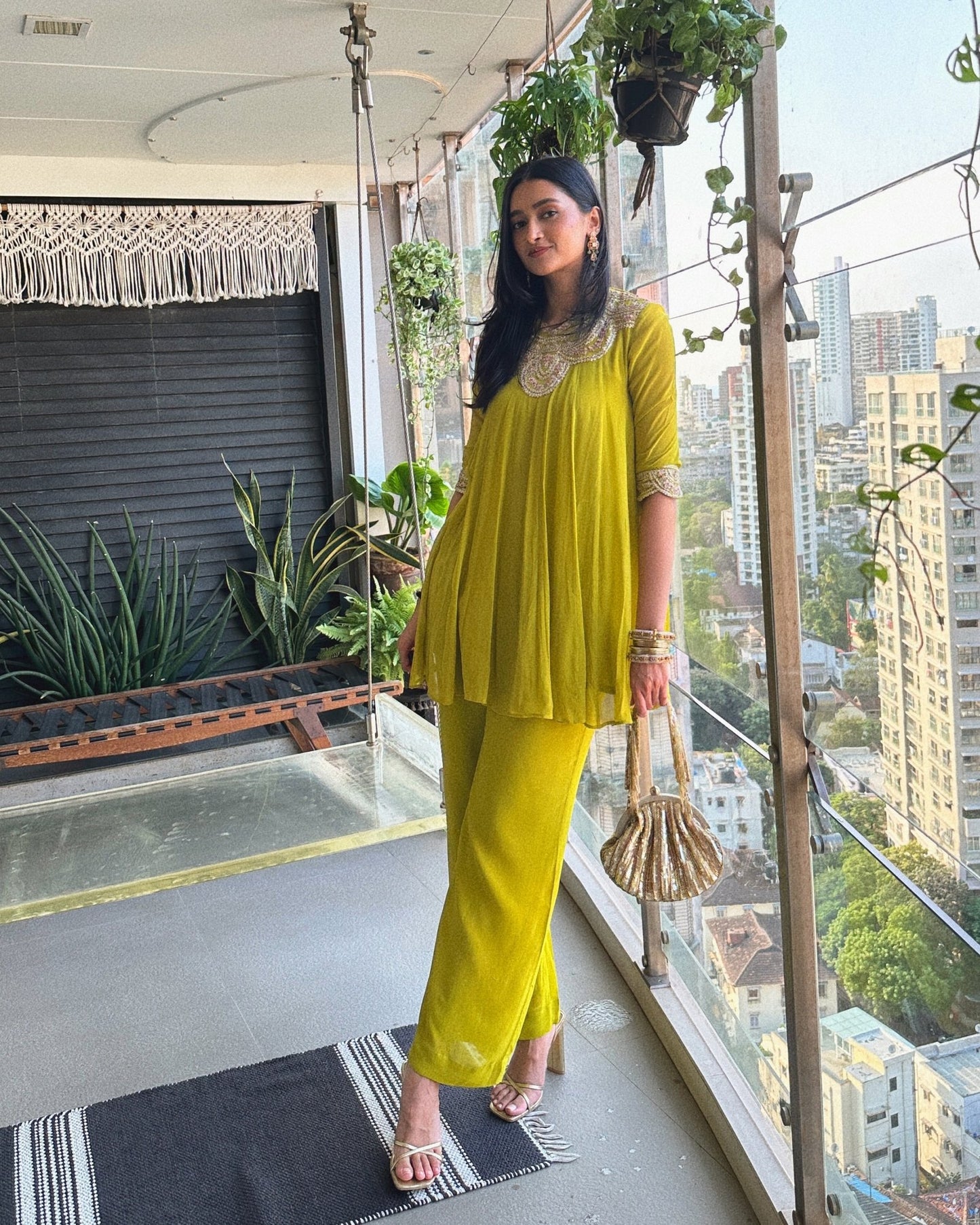 Tyohar ~ Mehendi Green Kali Top with Zardosi Work and Pallazo Set