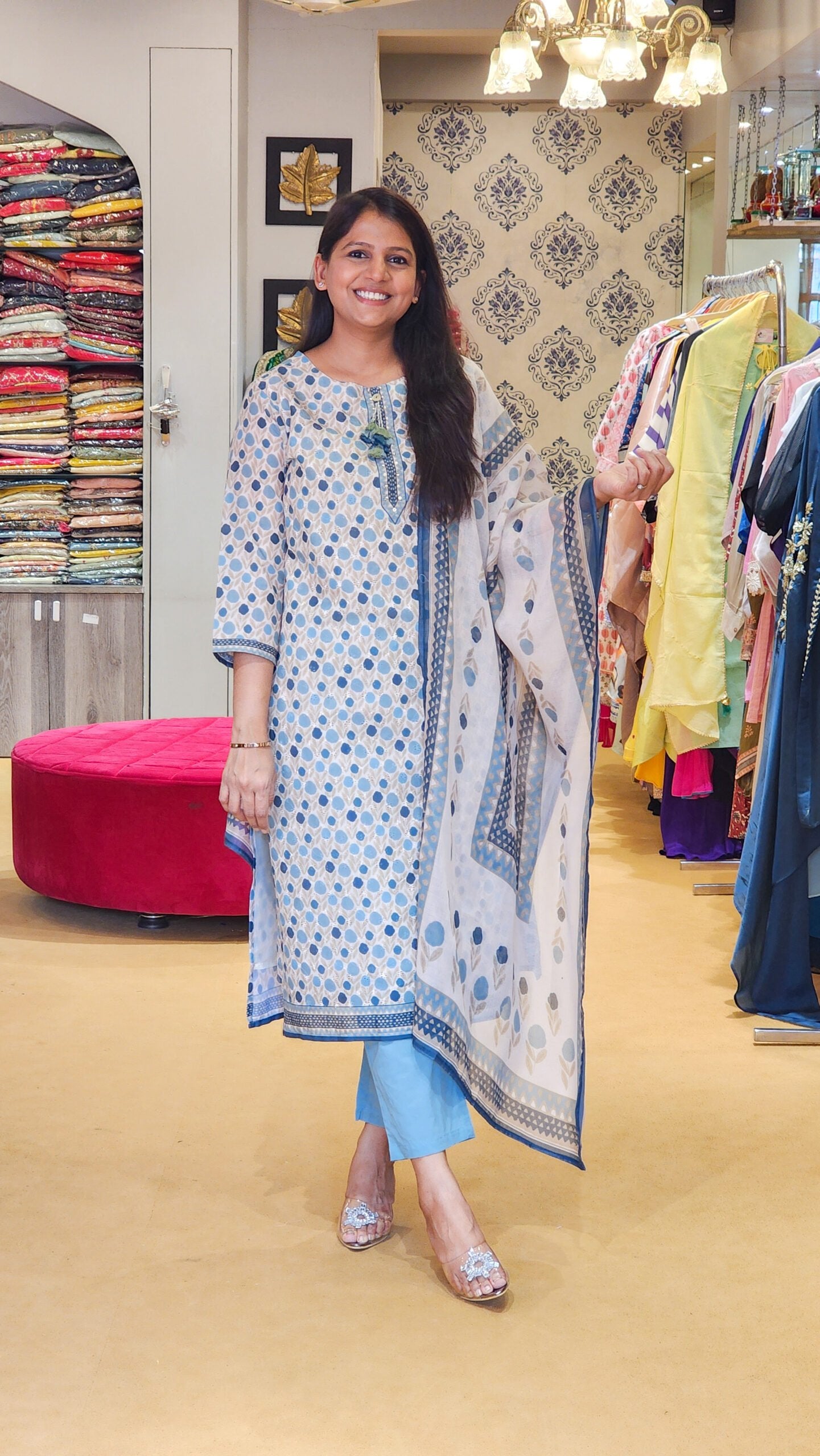 Blue Dotted Schiffli Cotton Suit Set