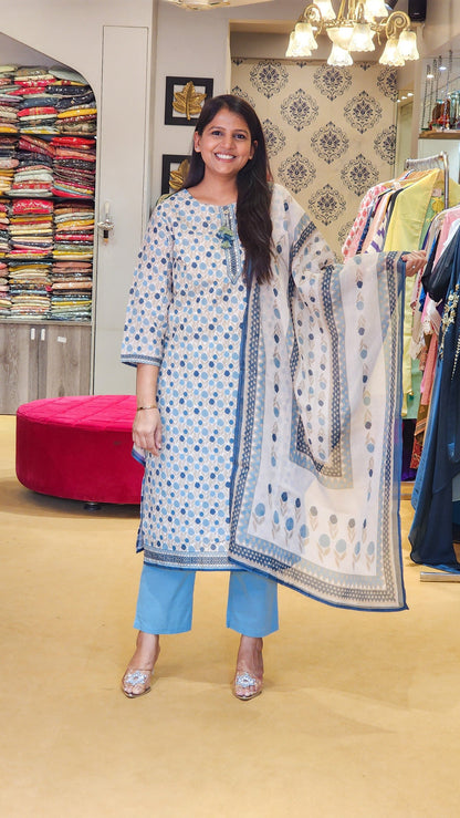 Blue Dotted Schiffli Cotton Suit Set