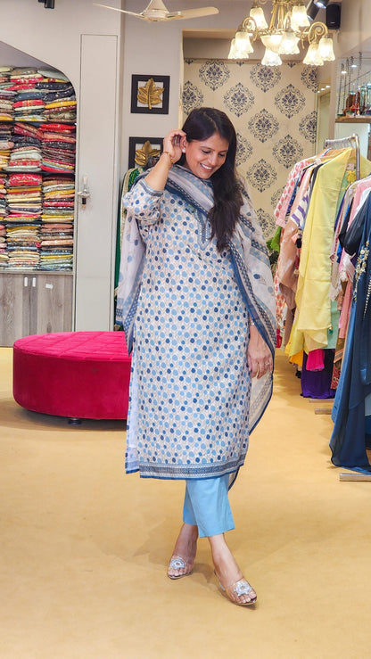 Blue Dotted Schiffli Cotton Suit Set