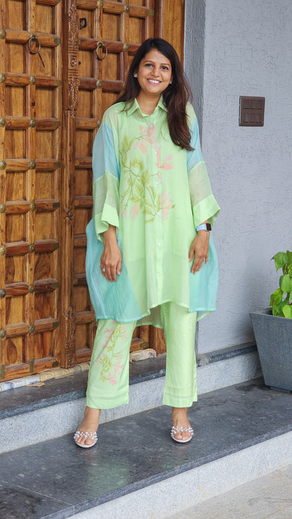 Green Floral Mul Chanderi Kaftan Set