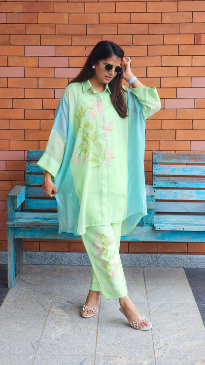 Green Floral Mul Chanderi Kaftan Set