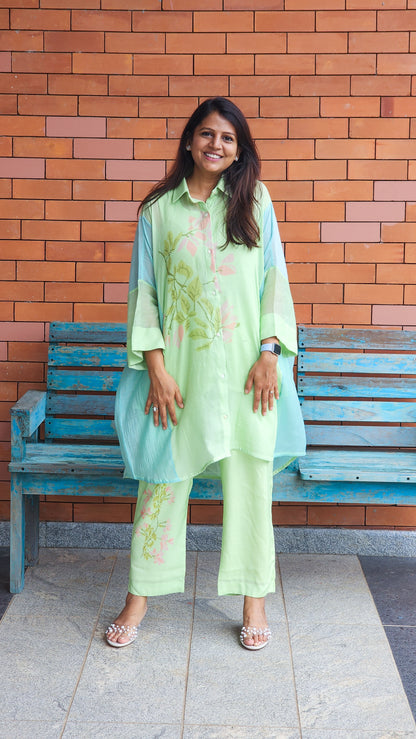 Green Floral Mul Chanderi Kaftan Set