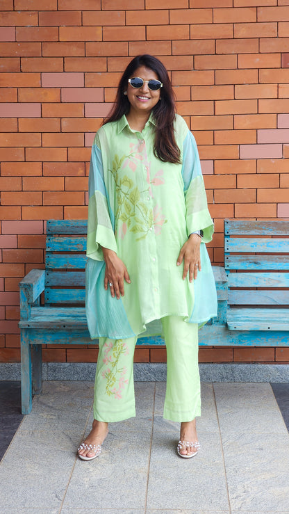 Green Floral Mul Chanderi Kaftan Set
