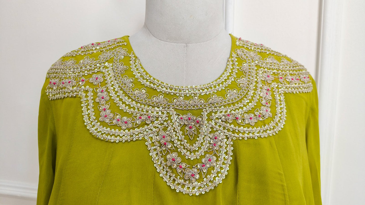 Tyohar ~ Mehendi Green Kali Top with Zardosi Work and Pallazo Set