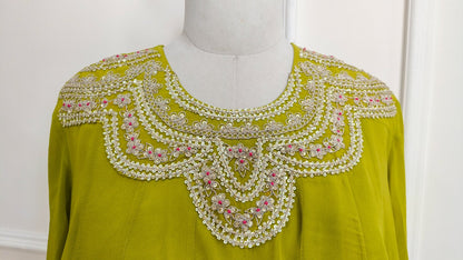 Tyohar ~ Mehendi Green Kali Top with Zardosi Work and Pallazo Set