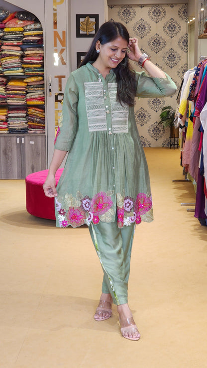 Olive Green Embroidered Co Ord Set