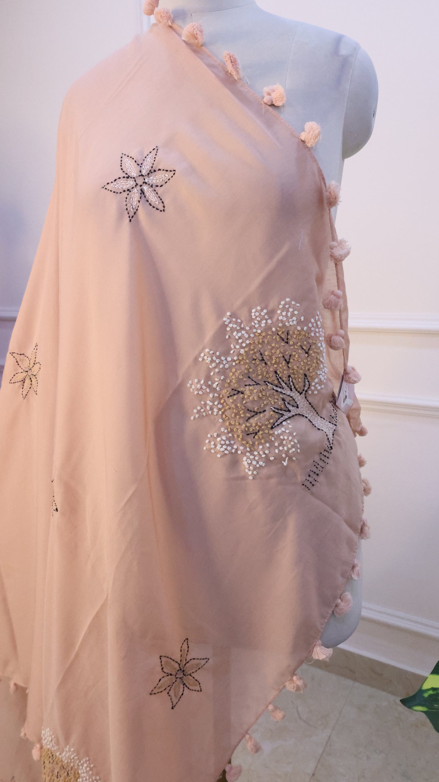 Beige Linen Embroidery Stole