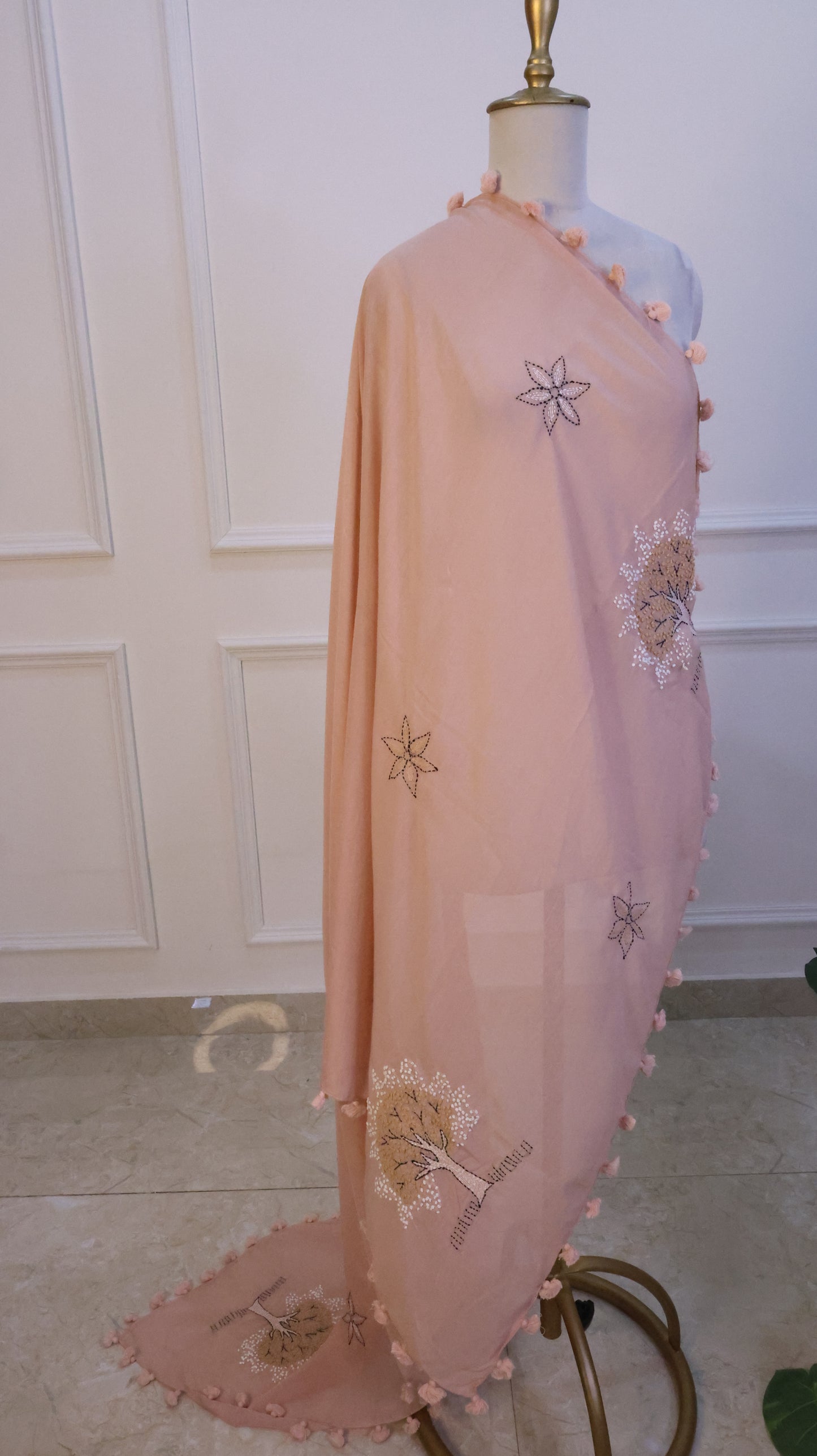Beige Linen Embroidery Stole